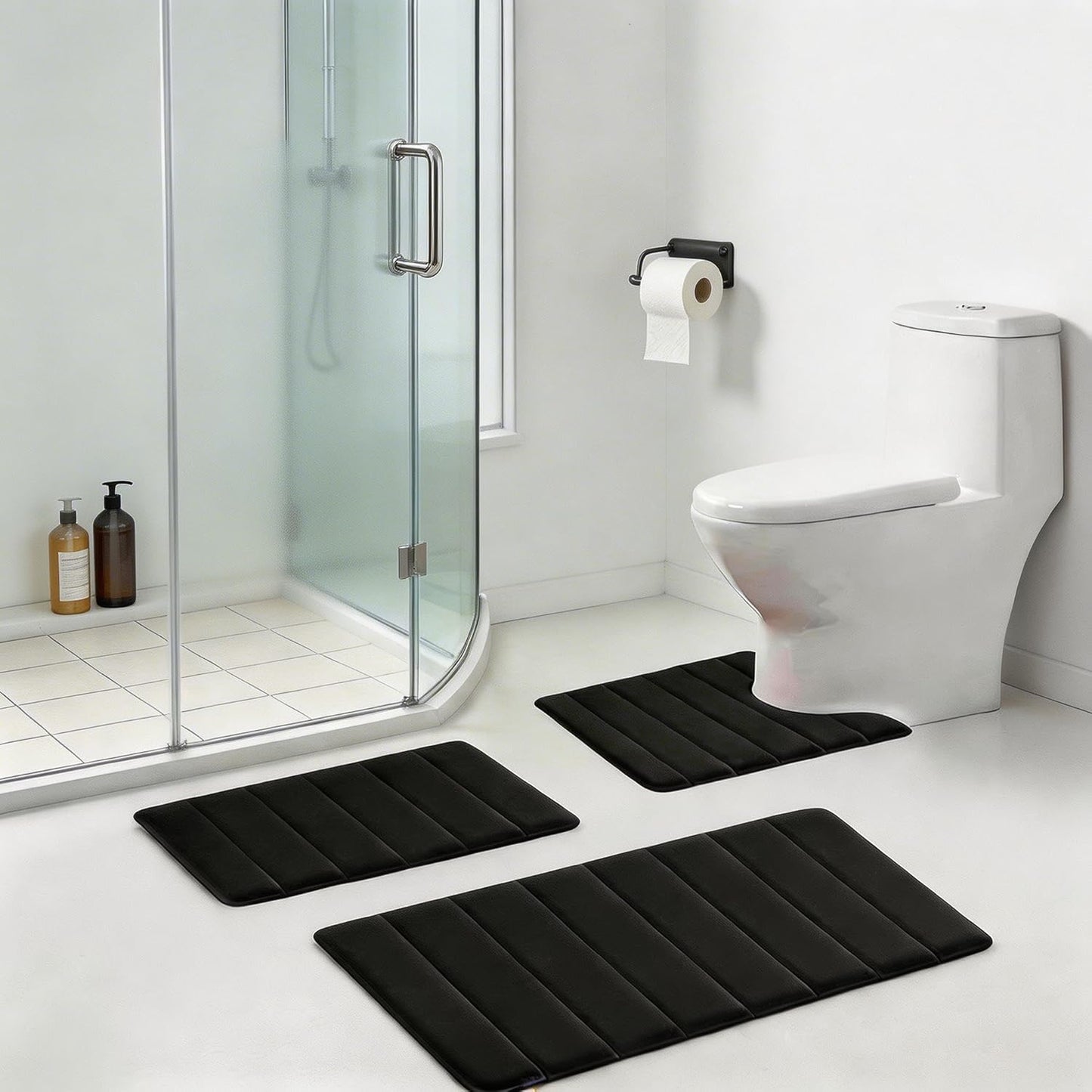 Bathroom Rugs Set Memory Foam Bath Rugs Non-Slip Bath Mat Set 3 Piece,Washable Bathroom Mats,Absorbent Shaggy Rugs Super Soft U-Shaped Toilet Rug,Bahroom Carpets for Bathroom,Tub,Shower（Black）