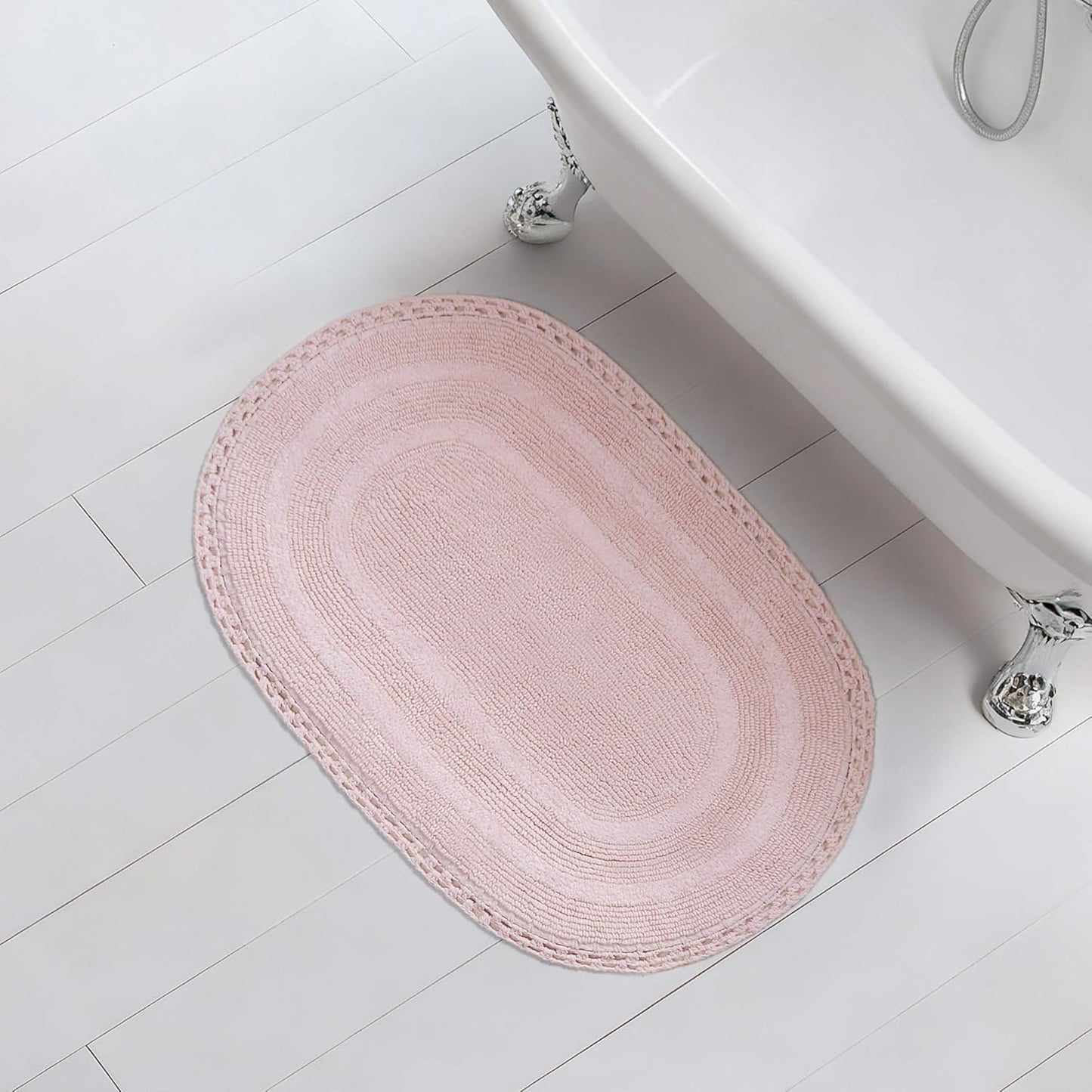 Laura Ashley Camilla 100% Cotton Oval Bath Mat with Crochet Border, Soft & Absorbent, Light Pink 21" x 34" Bathroom Rug
