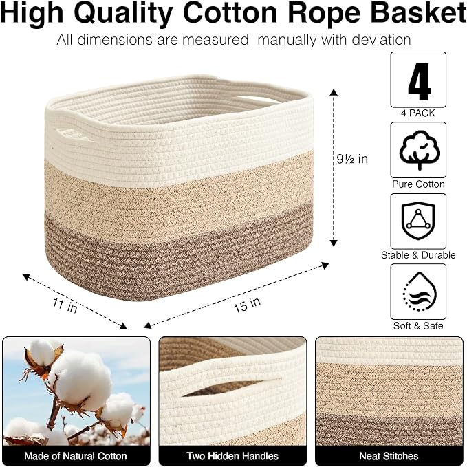 Storage Baskets for Organizing & Shelves, Woven Cotton Rope Organization Bins - Image 3