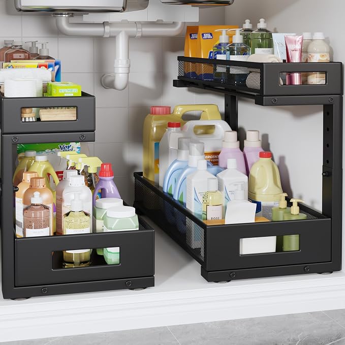 2 Pack 19IN Depth Under Sink Storage Organizer, Large 2-Tier Elegant Mesh Pull by UnderSinkOrganizer