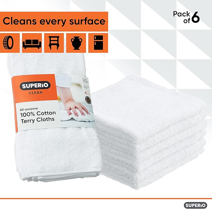 Superio Terry Cloth Rags White Washcloths 100% Cotton 12" Cleaning Cloths - Image 2