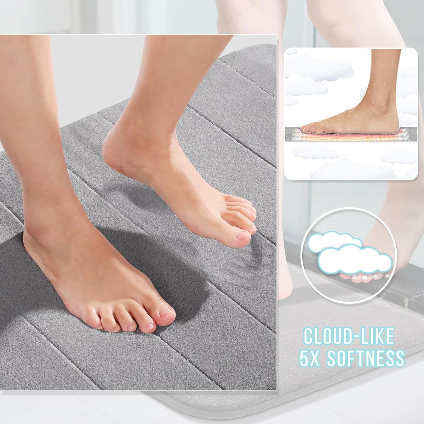 Yimobra Memory Foam Bathroom Rugs Sets 2 Piece - Super Soft Absorbent Quick Dry Bath Mat Set, Machine Washable Non Slip Floor Carpet for Tub Shower & Single Sink (17x24 & 31.5x20 Inch, Gray)