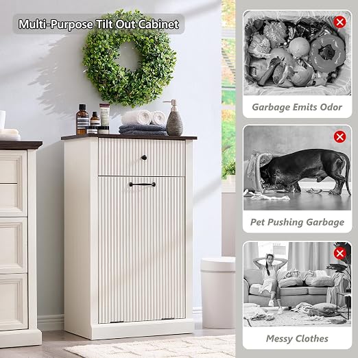 Modern Tilt-Out Trash Can Cabinet, 10 Gallon Fluted Laundry Hamper Cabinet - Image 5