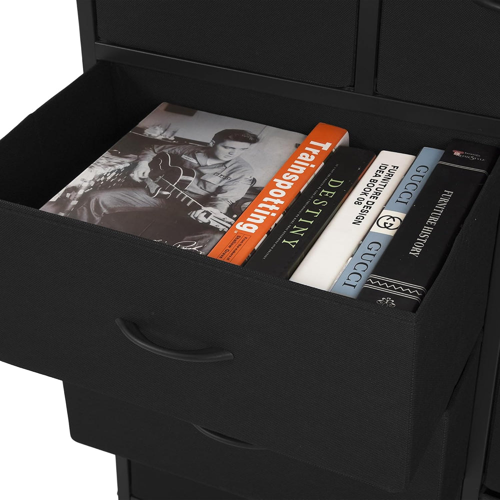 9-Compartment Storage Cabinet with Fabric Bins and Steel Frame, Black