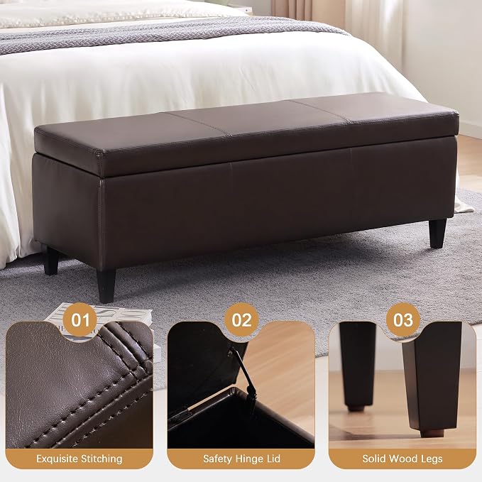 HUIMO Faux Leather Storage Ottoman Bench 50.3 Inch Extra Long PU Upholstered - Image 9