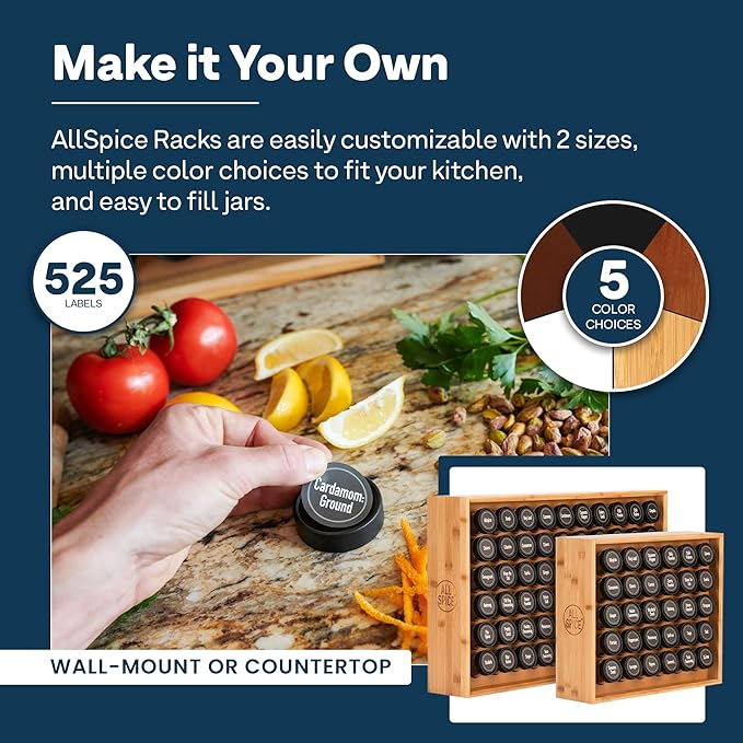AllSpice Spice Rack Organizer, 525 Unique Labels, Countertop or Wall Mount - Image 4