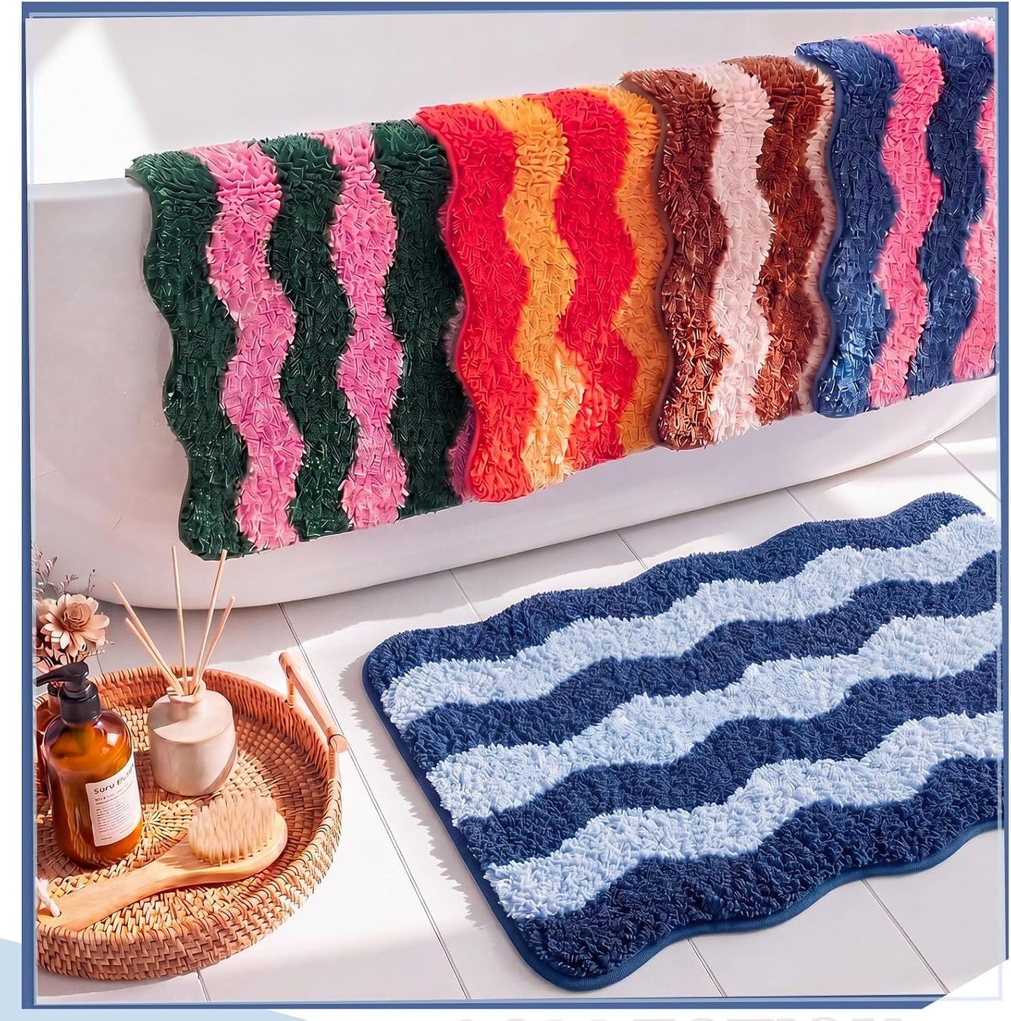 Nuanchu Cute Scalloped Bathroom Rug, Plush Tufted Absorbent Soft Wave Striped Bath Mat 24"x16", Non-Slip Washable Floor Carpet for Bathroom Bedroom Kitchen(Cobalt Blue & Sky Blue)