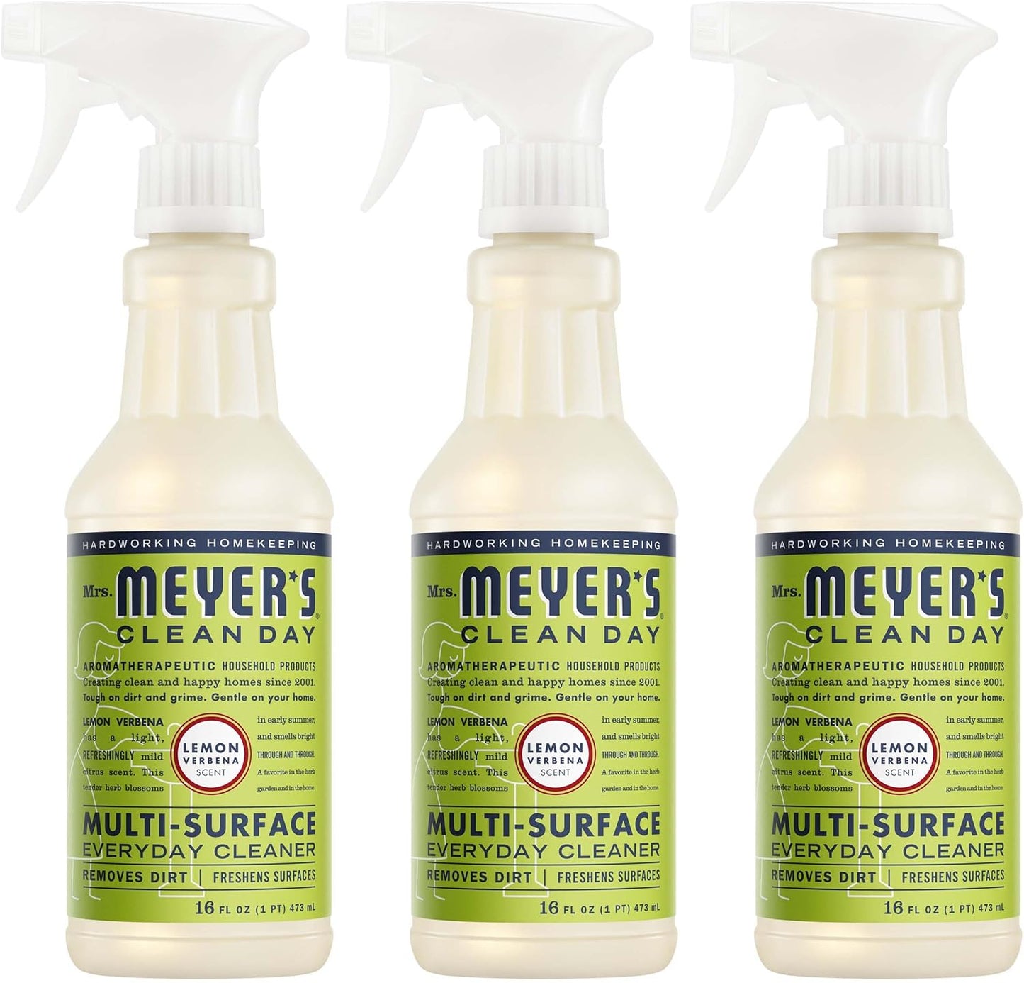 MRS. MEYER'S CLEAN DAY Cleaner Spray, Lemon Verbena, 16 fl oz, 3 Pack | Removes Dirt and Freshens Surfaces, Multi-Surface, Everyday Use, All-Purpose Cleaner, Cruelty Free, Made with Essential Oils