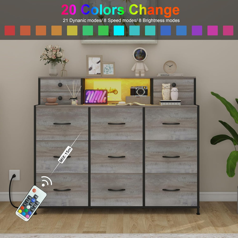 Grey Dresser with Power Outlets and LED Lights 13 Drawers Long Dresser for Be...