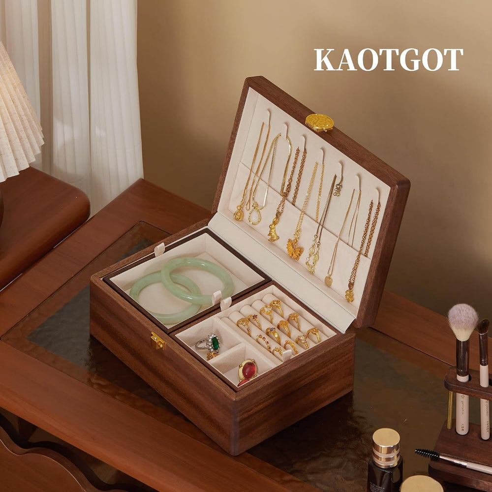 Wooden Jewelry Box For Women Jewelry Organizer Box With Lock 2 Layer Jewelry ...