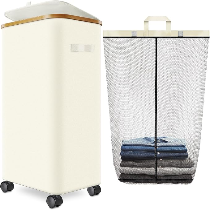 Laundry Hamper with Wheels, 29 Gal Laundry Basket with lid Rolling Clothes by Wuevu
