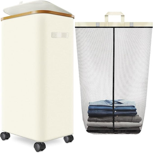 Laundry Hamper with Wheels, 29 Gal Laundry Basket with lid Rolling Clothes by Wuevu