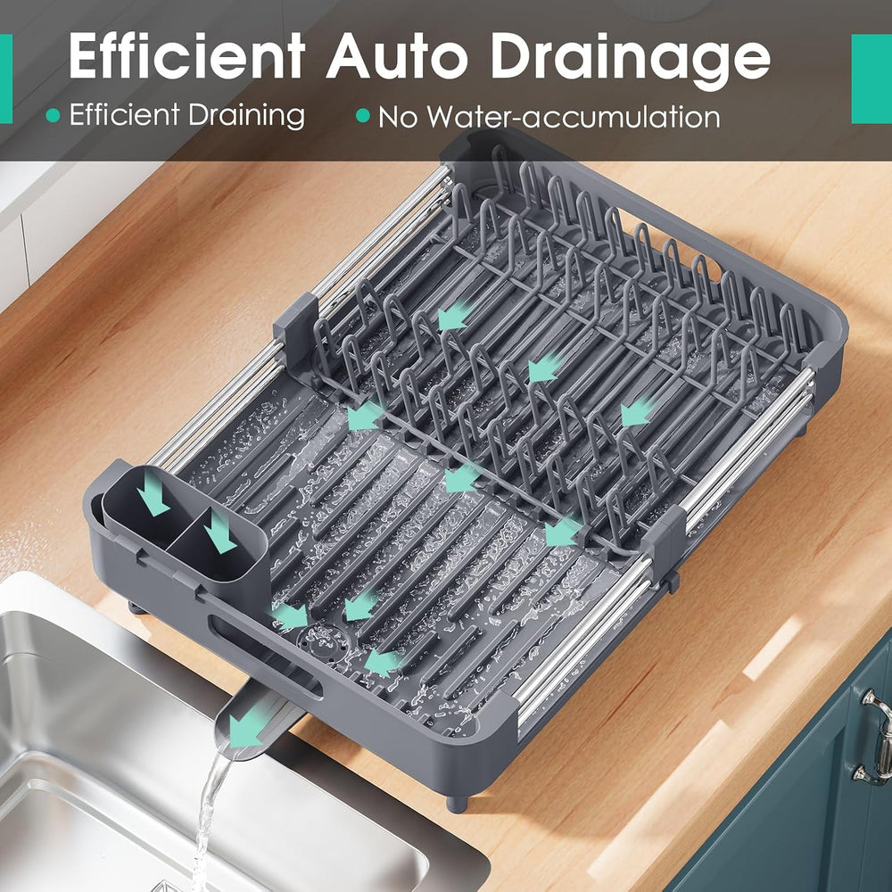 TOOLF Expandable Dish Drying Rack for Kitchen Counter, Standard, Grey