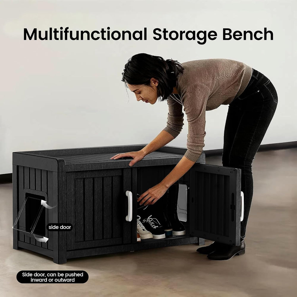 2 Doors Shoe Storage Bench with Cat Cabinet for Entryway, Hallway, Black