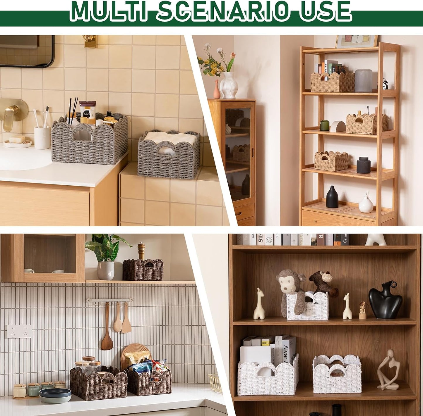OIAHOMY Scalloped Wicker Baskets, Hand-woven Storage Baskets with Built-in Handles, Paper Rope Shelf Baskets for Organizing and Decoration, Set of 3-Grey