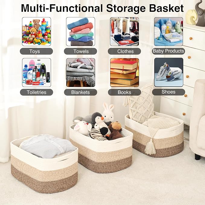 Large Storage Baskets for Organizing Shelves, Woven Cotton Rope Bins for Baby - Image 4