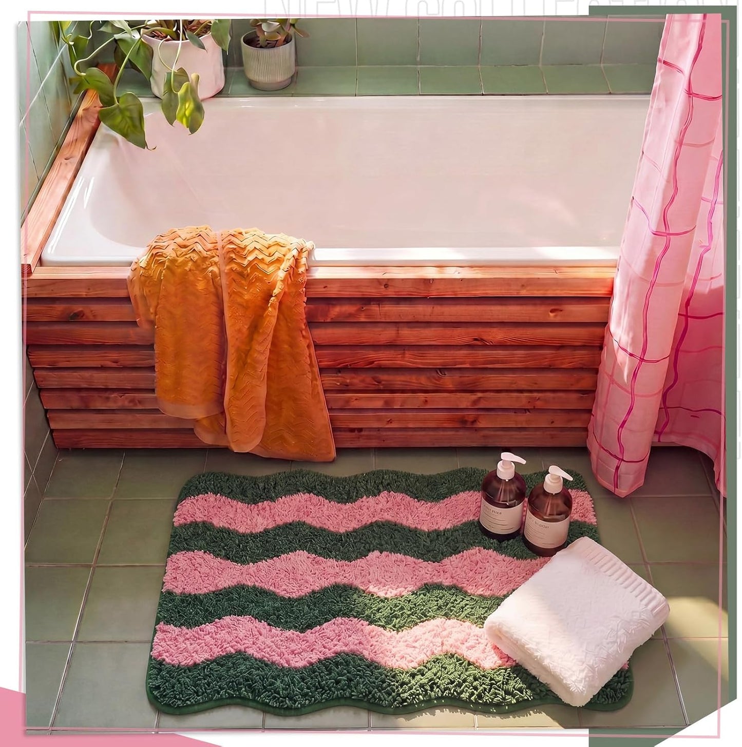Nuanchu Cute Scalloped Bathroom Rug, Plush Tufted Absorbent Soft Wave Striped Bath Mat 24"x16", Non-Slip Washable Floor Carpet for Bathroom Bedroom Kitchen(Pink & Sage Green)