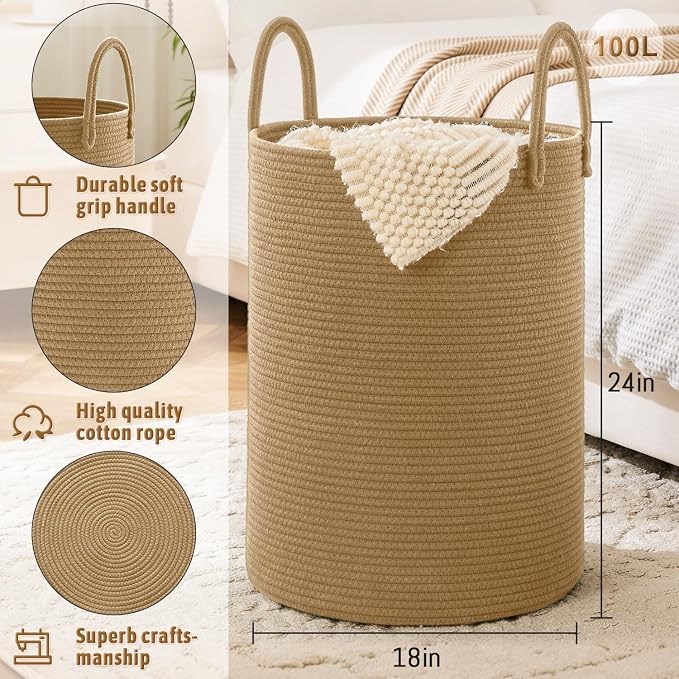 Laundry Basket, Woven Cotton Rope Laundry Hamper, 100L