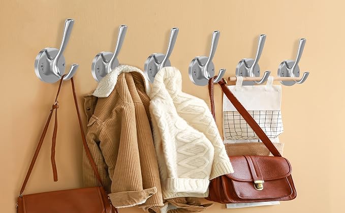 Brushed Nickel Wall Hooks, 6 Pack Coat Robe Hook Heavy Duty Metal Double Bath - Image 2
