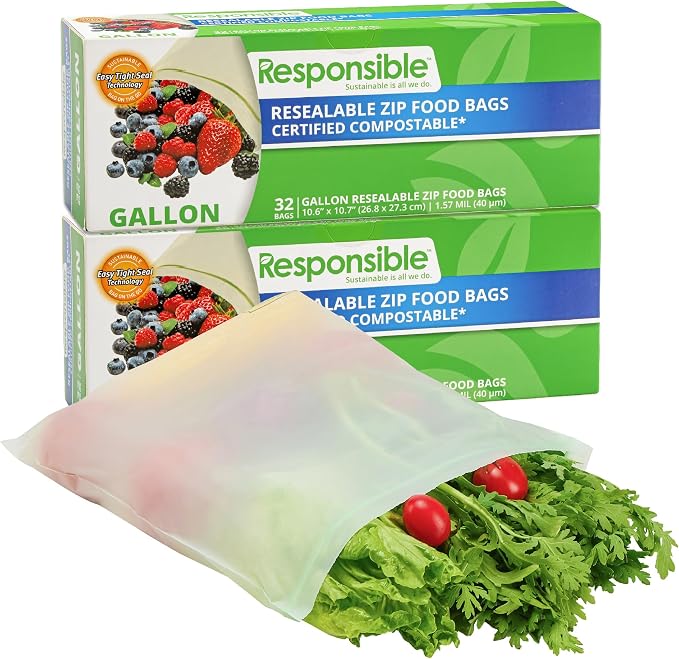 Certified Compostable Large GALLON Resealable Zip Bag, Extra Strength Food Bags by ResponsibleProducts%C2%AE