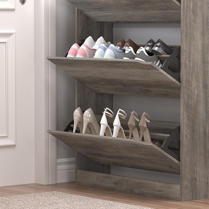 Shoe Cabinet with 3 Flip Drawers & Coat Rack, Narrow Hidden Shoe Storage ...