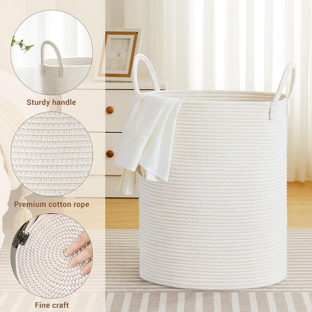 88L Large Tall Cotton Rope Laundry Basket with Handles, White