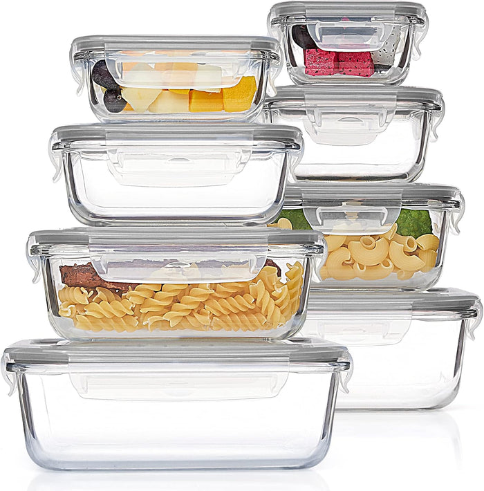 Vtopmart 8 Pack Glass Food Storage Containers with Lids Grey