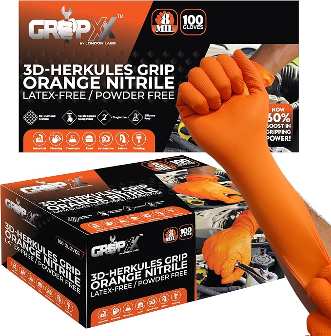 Herkules Grip Heavy Duty 8Mil Orange Nitrile Gloves, 3D Raised Diamond by GRIPXX