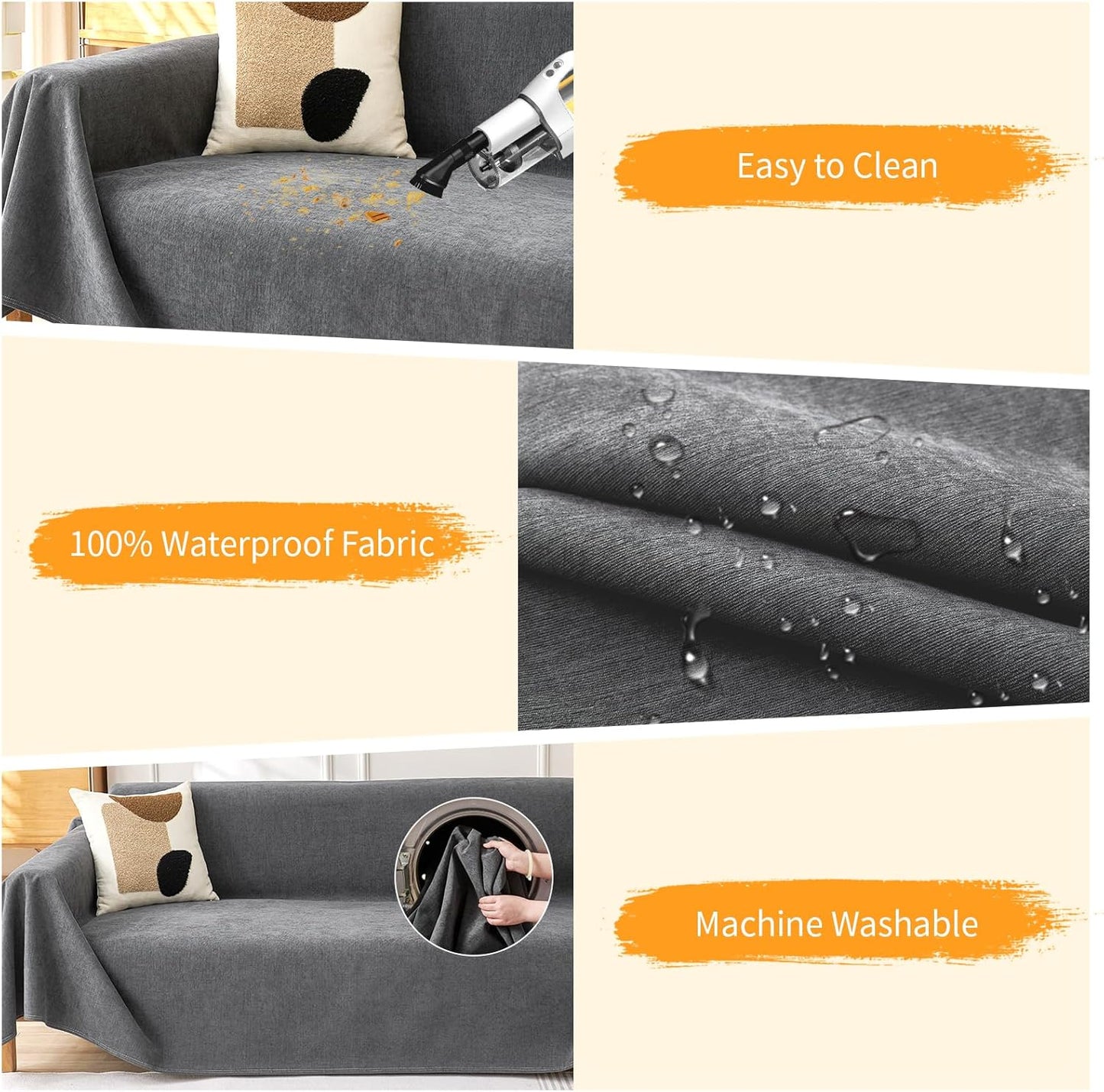 Deep Dream Cat-Scratch Resistant Couch Cover, Waterproof Sofa Cover for 3 Cushion Couch Washable, Pet Friendly Couch Protectors Anti Slip Thickened Love Seat Slipcovers for Pets, 71" x 118", Dark Grey