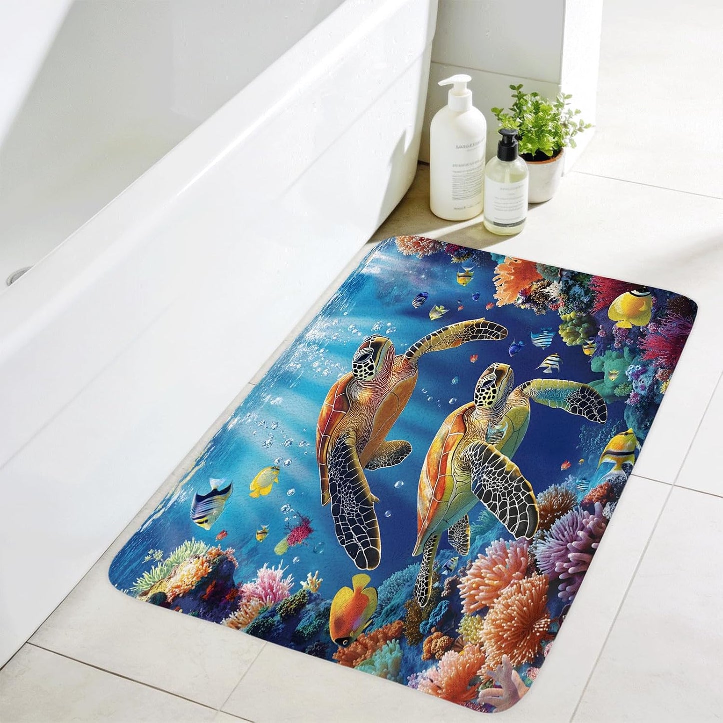 Sea Turtle Bath Mat Tropical Blue Ocean Animal Underwater World Coastal Fantasy Marine Life Fish Seabed in The Deep Sea Reef Bathroom Rug Toilet Doormat Floor Carpet Rugs Decor 17.8x29.5 Inch