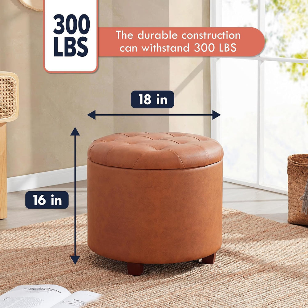 Ornavo Home 18" Round Storage Ottoman with Lid, Holds 300 lbs, Cognac