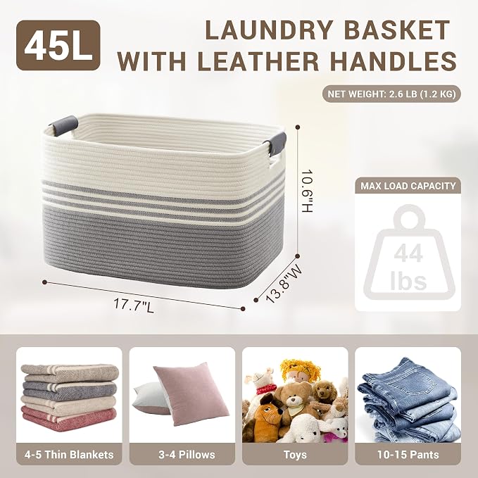45L Small Laundry Basket with Leather Handles - Image 2