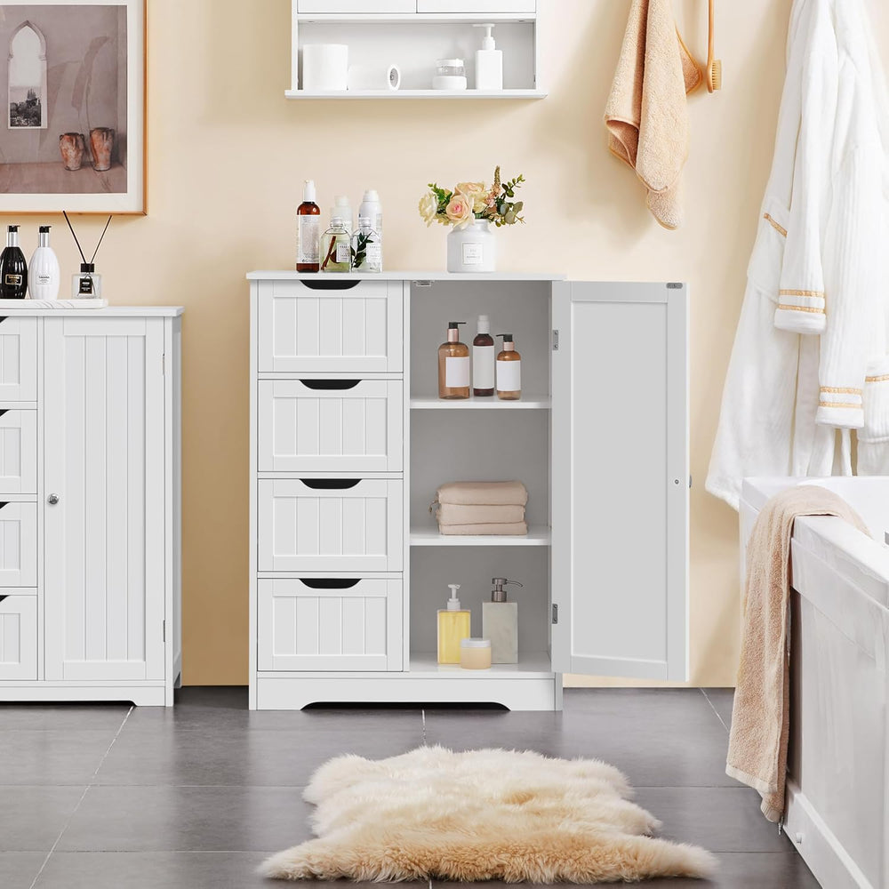 Yaheetech Bathroom Storage Cabinet with 4 Beadboard Drawers and Door, White