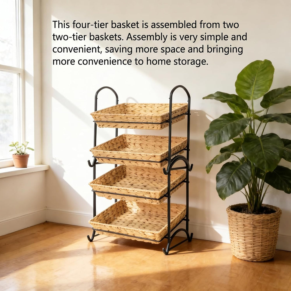 2-Tier Faux Rattan Wicker Storage Basket with Metal Frame, Countertop Organiz...