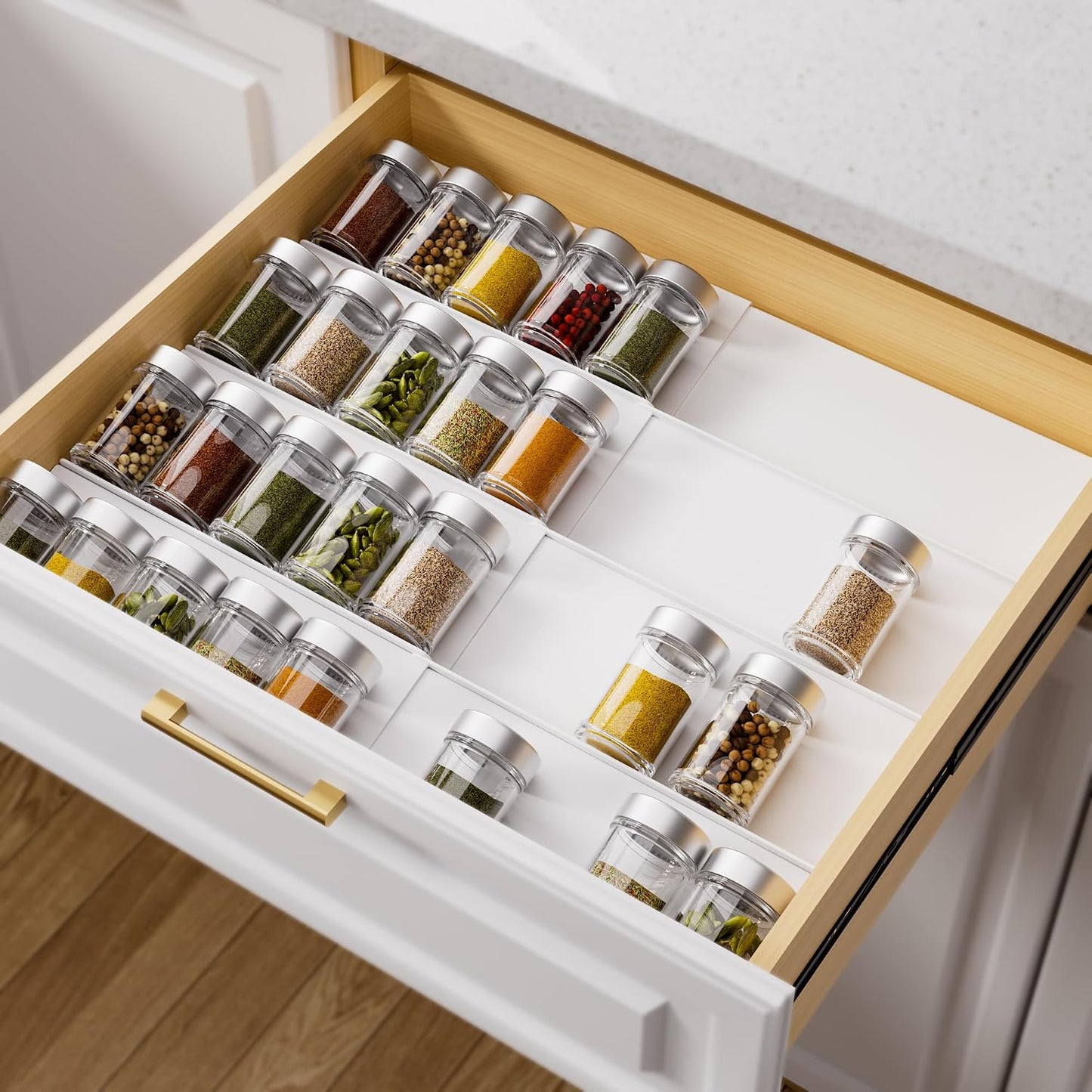 MIUKAA White Spice Drawer Organizer, 4 Tier - 8 Pack Seasoning Organizer for Drawer, Expandable From 13" to 26" Kitchen Drawer Spice Rack (Jars not Included)