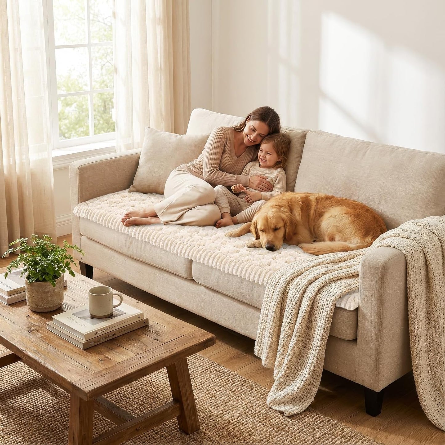 Smiry Non Slip Couch Covers for Dogs, Scratch Resistant Pet Sofa Protector, Machine Washable Soft Fuzzy Thick Furniture Cover for Sofa Loveseat Sectional Large Dogs (Cream, 27.6" x 59")