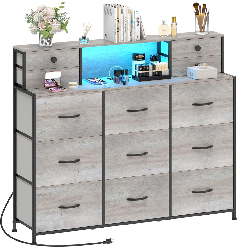 Grey Dresser with Power Outlets and LED Lights 13 Drawers Long Dresser for Be...