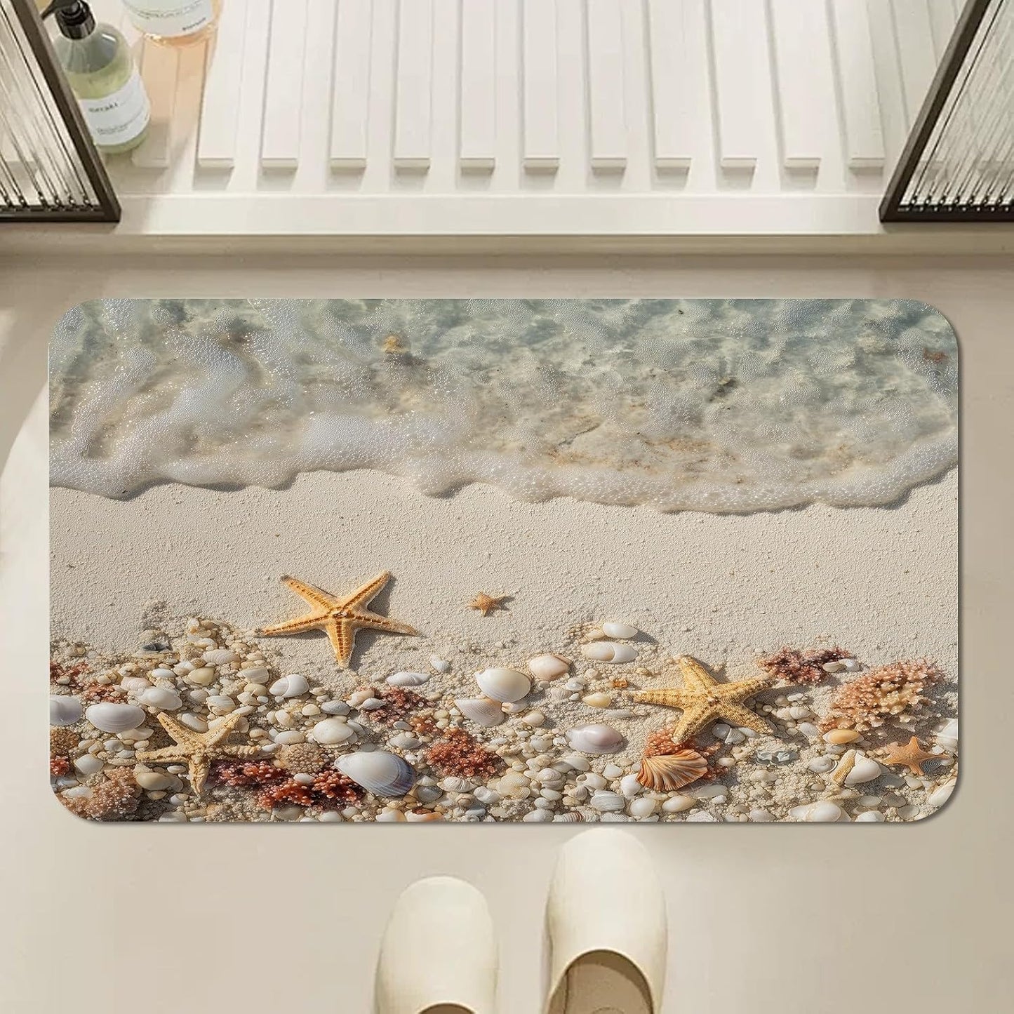 Ocean & Beach Bath Mat, Sea Coastal Bathmat, Starfish Coral Seashell Bathroom Rug, Nautical Rugs for Bathroom, Diatomaceous Earth Bath Mat, Non Slip & Absorbent & Washable, 17x24 Inch