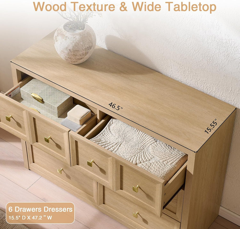 6 Drawers Dresser for Bedroom-46.5" Wide Wooden Chest of Drawers with La...