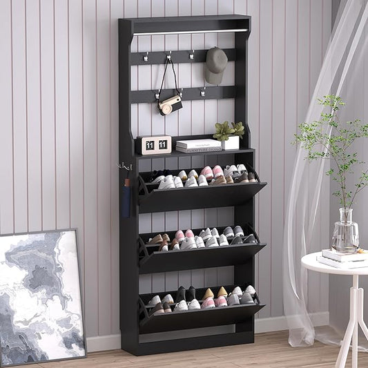 Shoe Cabinet with 3 Flip Drawers & Coat Rack, Narrow Hidden Shoe Storage Cabinet by BORNOON
