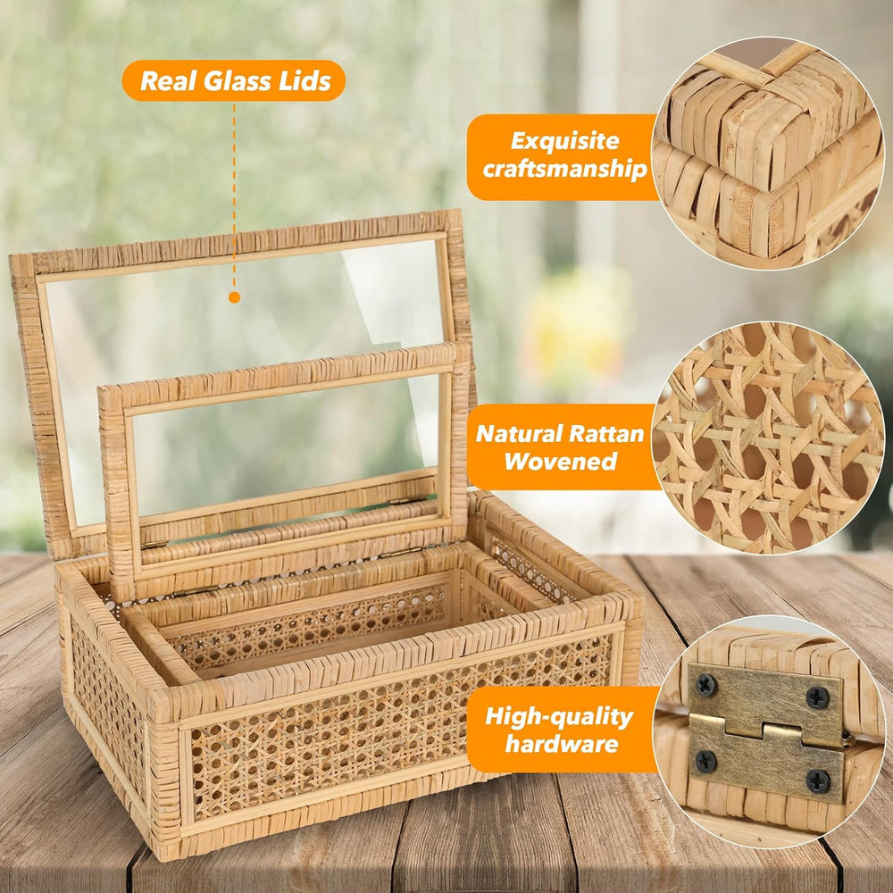 Large Handwoven Boho Rattan Display Boxes with Glass Lids Set of 2