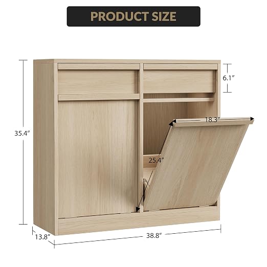 Double Tilt Out Trash Cabinet, Natural Wood Hidden Garbage Can Cabinet - Image 3