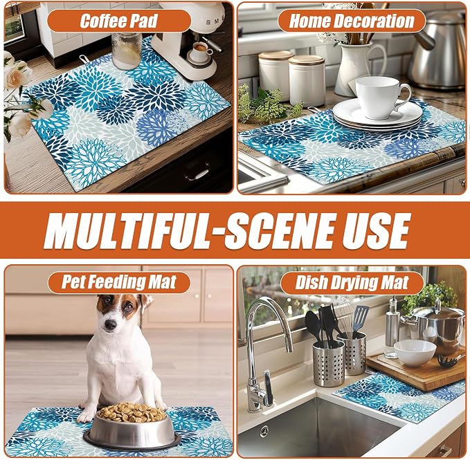 Blue Floral Dish Drying Mat for Kitchen Counter Microfiber Absorbent Dish - Image 7