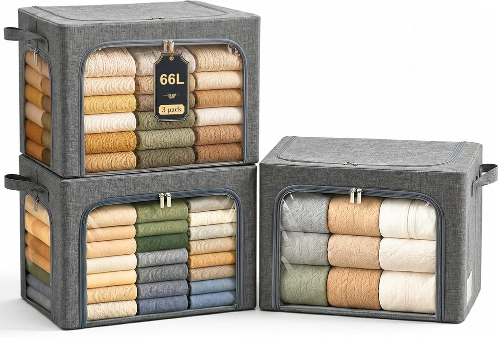 GoMaihe Clothes Storage Bins with Metal Frame for Blanket 3 Pack 66L Grey
