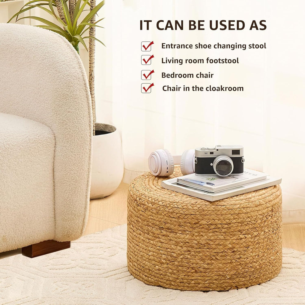 Wimarsbon Round Pouf Ottoman, Natural Hand Knitted Footrest Poof, Rustic Loun...