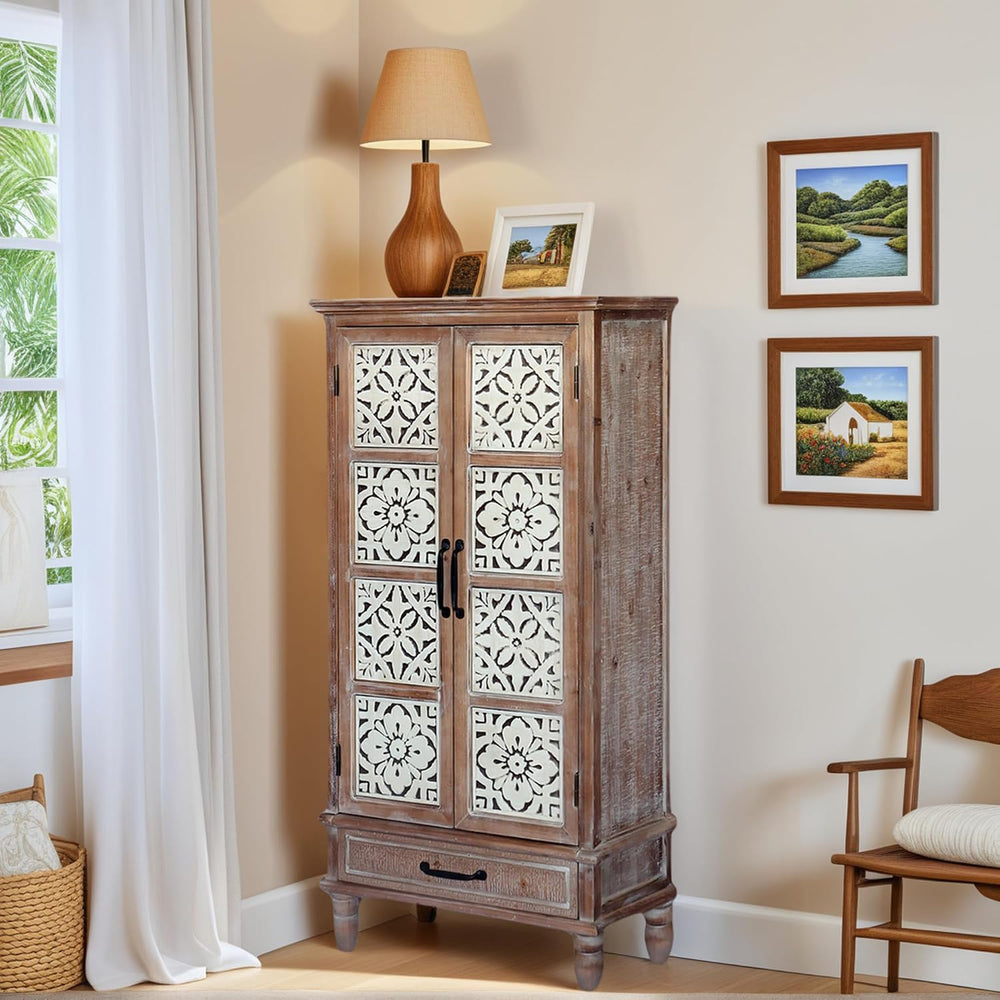 French Country Side Cabinet - Vintage 2 Door Wood Cabinet with Storage, Accen...