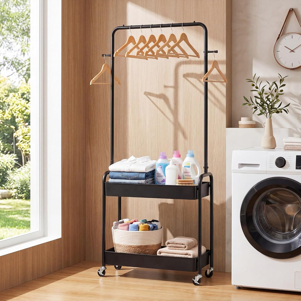 COSTWAY 3 in 1 Rolling Metal Clothes Rack with 2 Baskets & Hooks (Black)