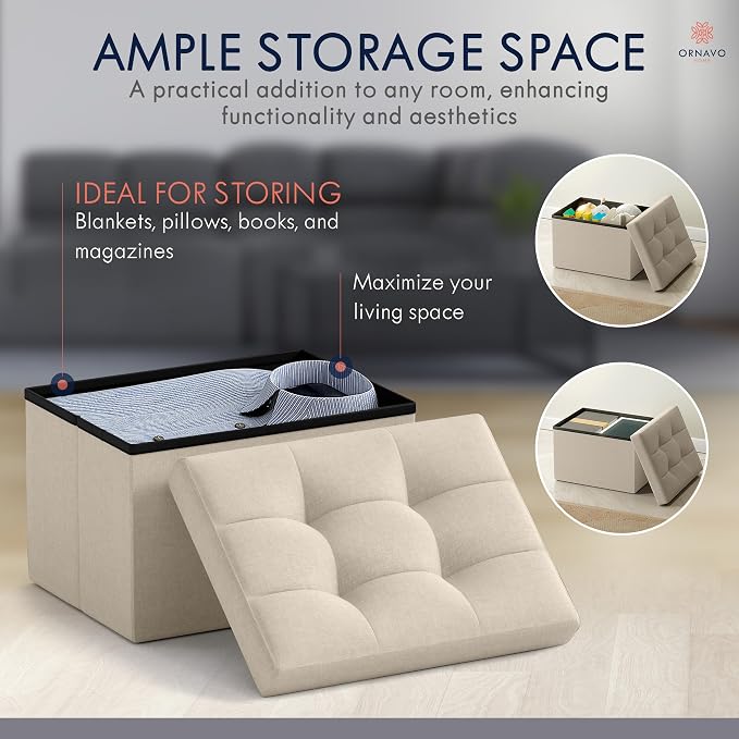 Ornavo Home Small Storage Ottoman Foldable Collapsible Rectangle Linen Ottoman - Image 3