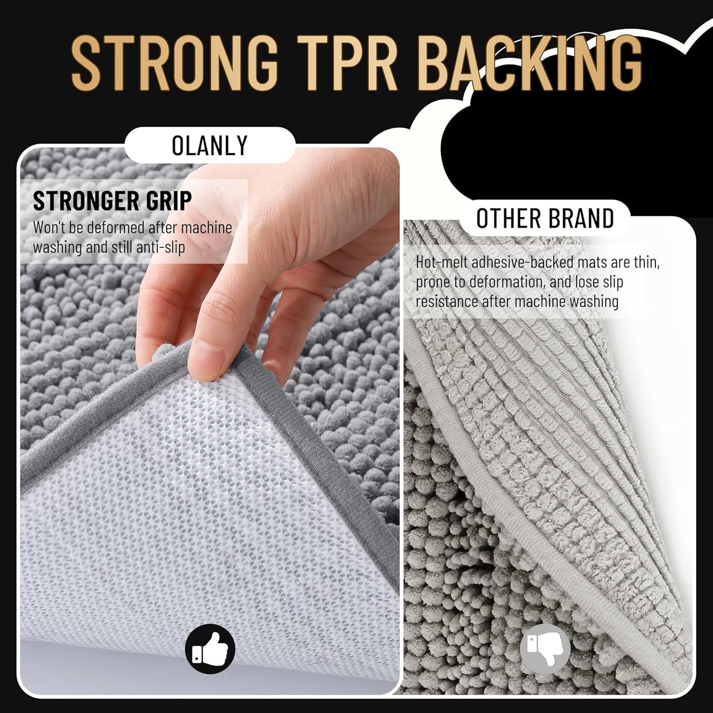 OLANLY Thick Bathroom Rugs Sets 2 Piece, Soft Absorbent Chenille Striped Bath Mats and U-Shaped Contour Toilet Rug, Machine Washable Bath Carpet, Home Decor Accessories(30"x20"+24"x20", Grey)