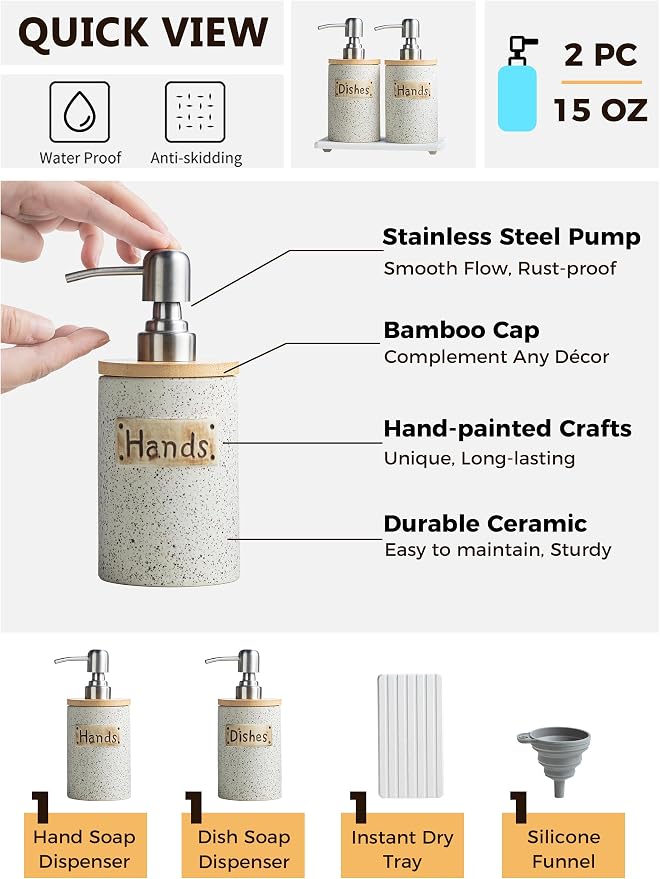 Kitchen Soap Dispenser Set, Ceramic Hand and Dish Soap Dispenser Set - Image 5